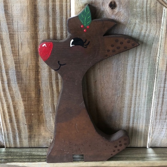 Wood Cut Hand Painted Rudolph Reindeer Christmas Decor - Picture 1 of 2